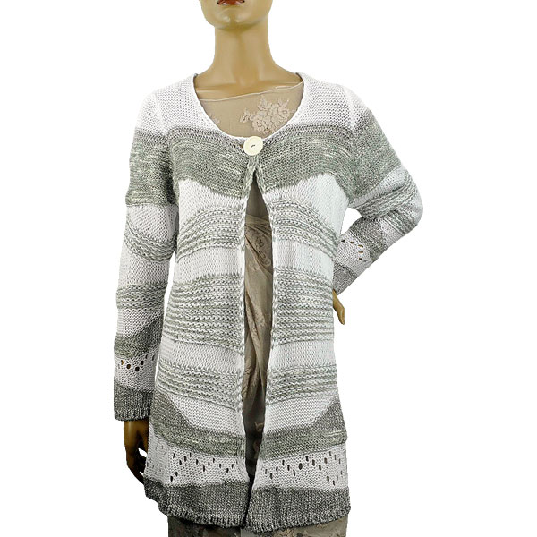 在庫一掃セール 春夏 イタリア インポート ニット BARIBA ボーダー柄ロングカーディガン ベージュ系