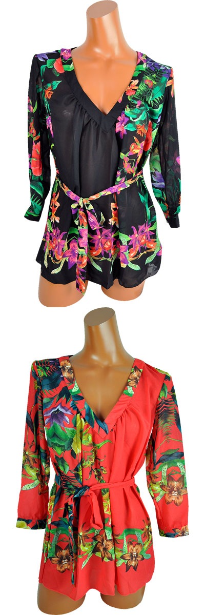 在庫一掃セール  インポート チュニック PRELUDE YFQ10 花柄カバーチュニック 黒系 赤系