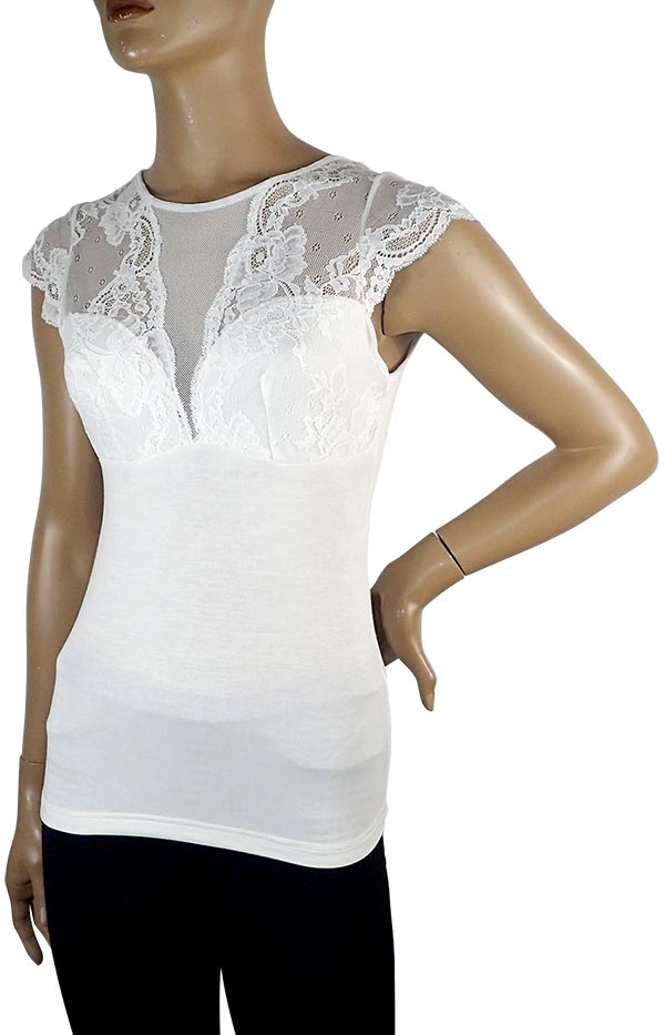 在庫一掃セール SALE 秋冬イタリア インポート ブランド カットソー  ANTONELLA 64001 レース切替半袖カットソー　2色