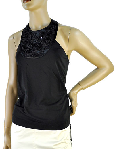 在庫一掃セール 春夏 インポート カットソー ELEONORA AMADEI カクテルコレクション リボン刺繍ホルターネックトップ 黒 