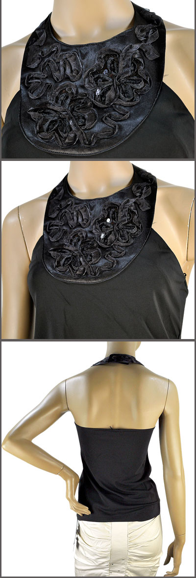 在庫一掃セール 春夏 インポート カットソー ELEONORA AMADEI カクテルコレクション リボン刺繍ホルターネックトップ 黒 