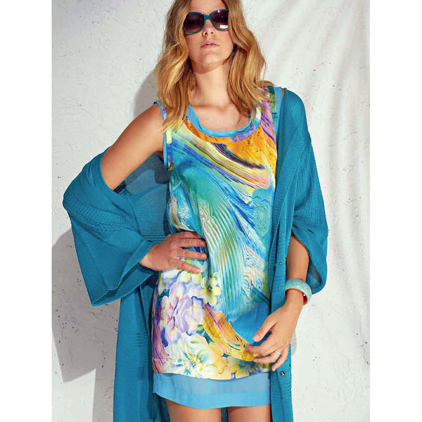 在庫一掃セール  春夏 インポート ワンピース ELEONORA AMADEI シルク2枚重ねチュニックワンピース ターコイズブルー系 