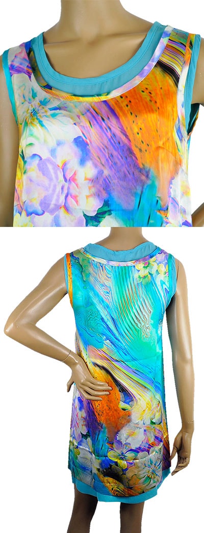 在庫一掃セール  春夏 インポート ワンピース ELEONORA AMADEI シルク2枚重ねチュニックワンピース ターコイズブルー系 