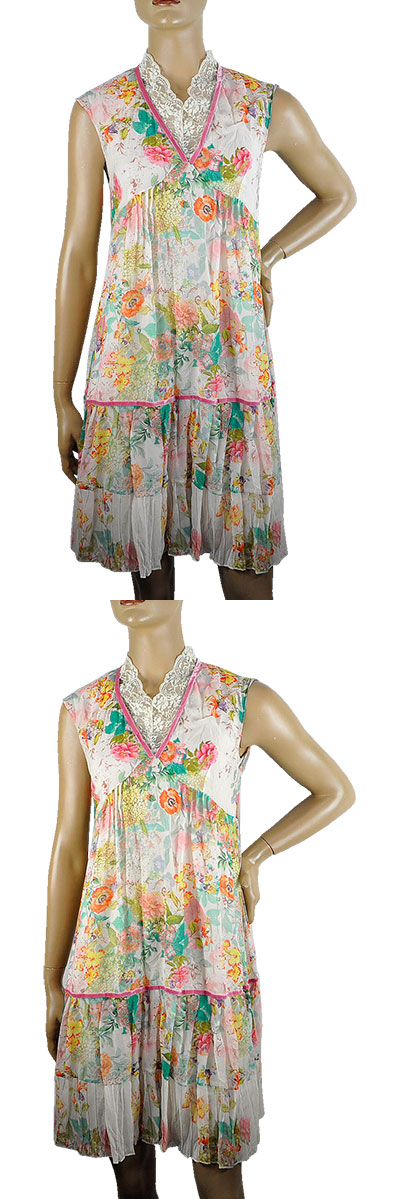 在庫一掃セール 春夏 インポート ワンピース IKO 2枚重ね花柄ワンピース ベージュ系