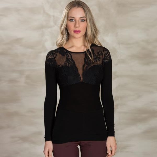 在庫一掃セール SALE 秋冬イタリア インポート ブランド カットソー  ANTONELLA 64002 レース切替長袖カットソー　黒