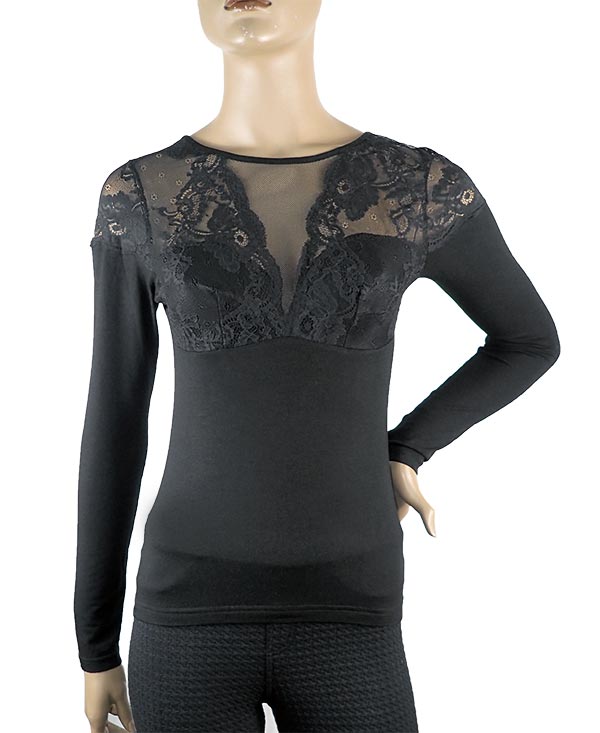 在庫一掃セール SALE 秋冬イタリア インポート ブランド カットソー  ANTONELLA 64002 レース切替長袖カットソー　黒