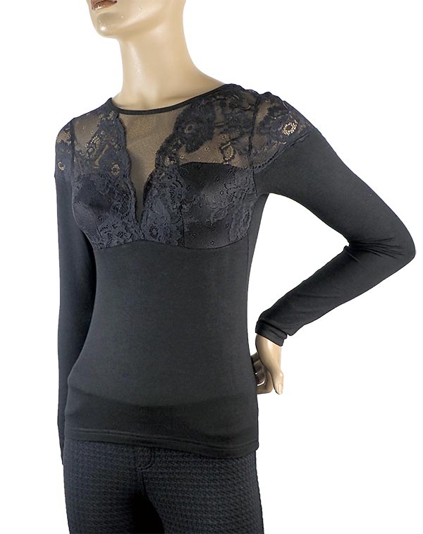 在庫一掃セール SALE 秋冬イタリア インポート ブランド カットソー  ANTONELLA 64002 レース切替長袖カットソー　黒