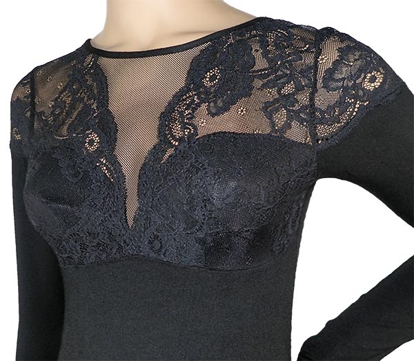 在庫一掃セール SALE 秋冬イタリア インポート ブランド カットソー  ANTONELLA 64002 レース切替長袖カットソー　黒