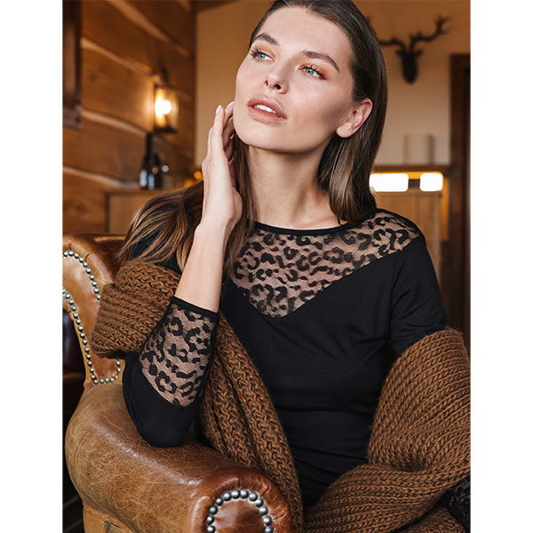 イタリア インポート ブランド カットソー COTONELLA  GD478 アニマル柄切替ロングカットソー 黒