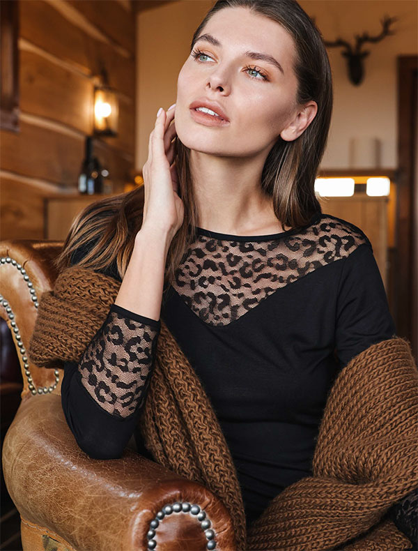 イタリア インポート ブランド カットソー COTONELLA  GD478 アニマル柄切替ロングカットソー 黒