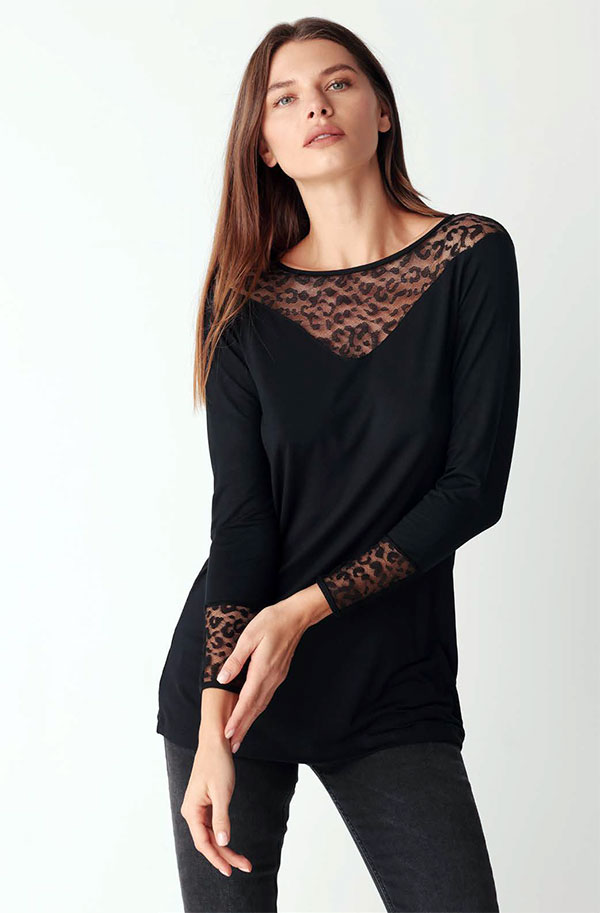 イタリア インポート ブランド カットソー COTONELLA  GD478 アニマル柄切替ロングカットソー 黒