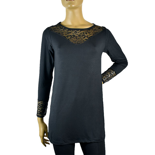 イタリア インポート ブランド カットソー COTONELLA  GD478 アニマル柄切替ロングカットソー 黒