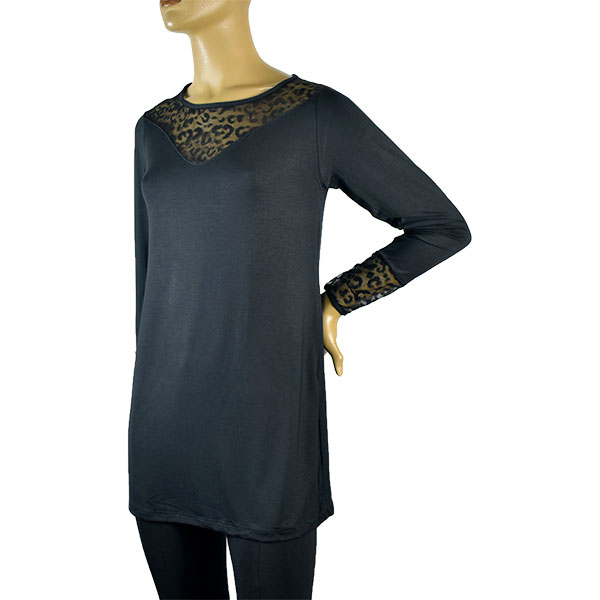 イタリア インポート ブランド カットソー COTONELLA  GD478 アニマル柄切替ロングカットソー 黒