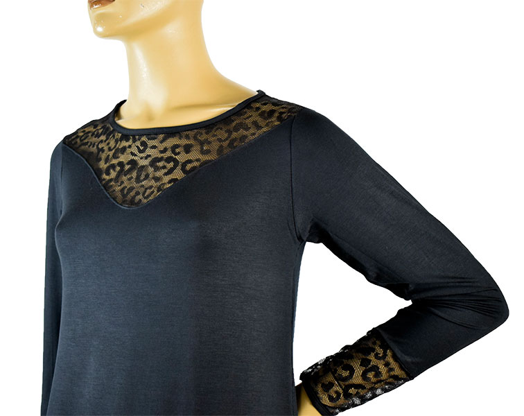 イタリア インポート ブランド カットソー COTONELLA  GD478 アニマル柄切替ロングカットソー 黒