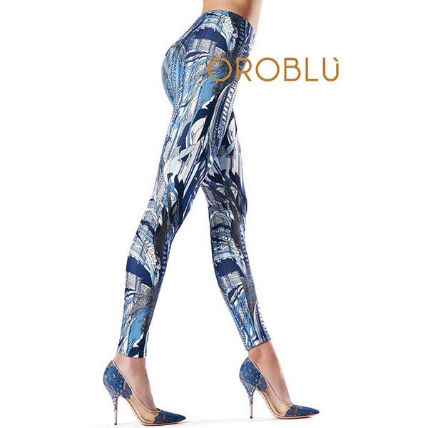 在庫一掃セール インポート レギンス OROBLU MYTHICAL スカーフ柄レギンス（ジェギンス）ブルー 黄色