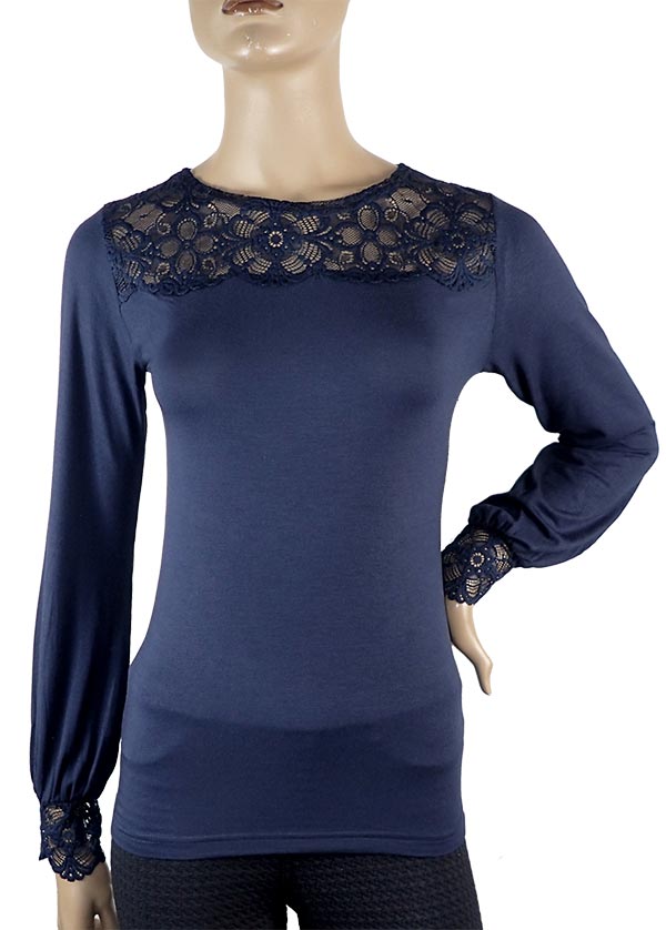 在庫一掃セール SALE 秋冬イタリア インポート ブランド カットソー  ANTONELLA 64014 レース切替長袖カットソー　ブルー