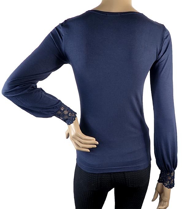 在庫一掃セール SALE 秋冬イタリア インポート ブランド カットソー  ANTONELLA 64014 レース切替長袖カットソー　ブルー