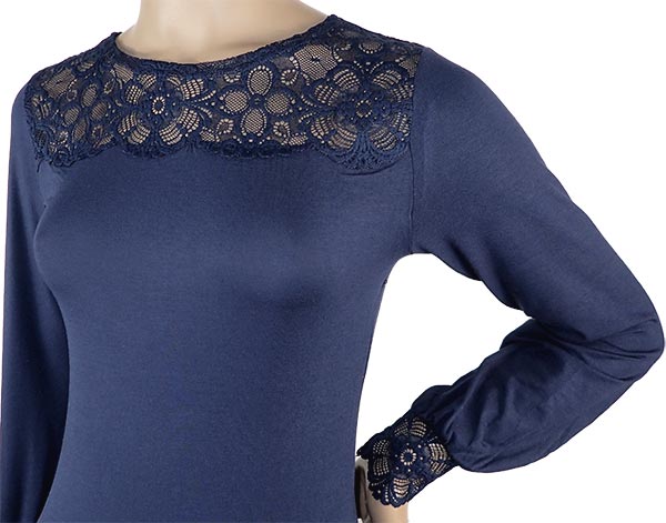 在庫一掃セール SALE 秋冬イタリア インポート ブランド カットソー  ANTONELLA 64014 レース切替長袖カットソー　ブルー