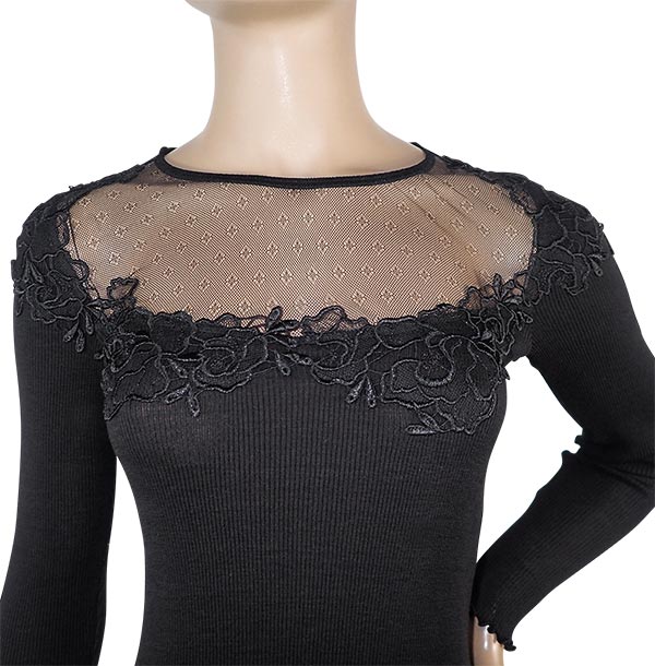 在庫一掃セール SALE 秋冬高級 イタリア ブランド ニット MORETTA 5736 レース切替ウール・シルクシームレスリブニット 2色