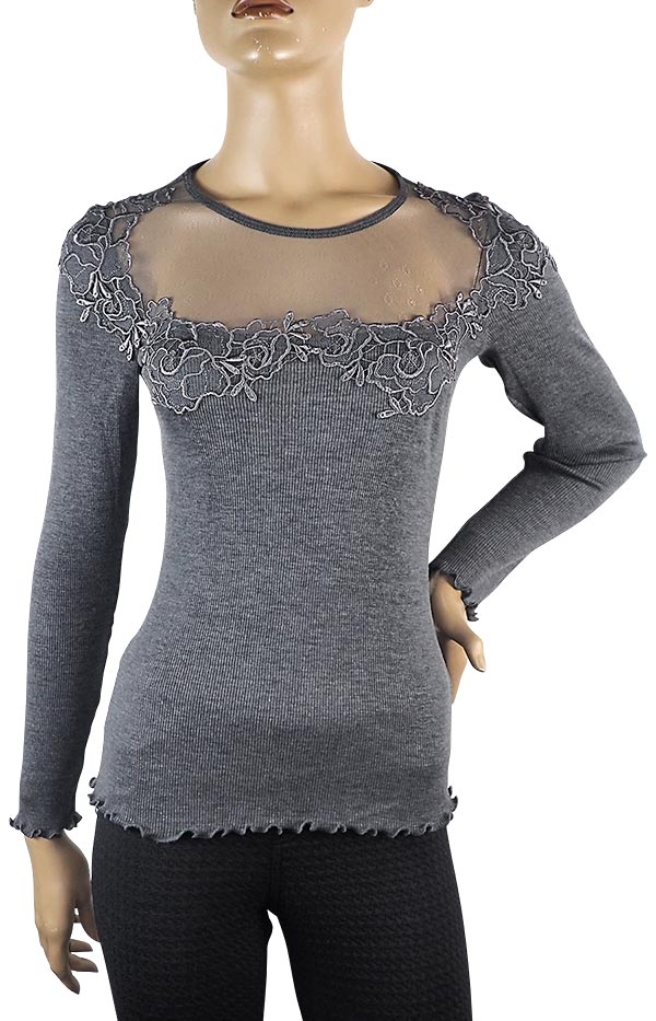 在庫一掃セール SALE 秋冬高級 イタリア ブランド ニット MORETTA 5736 レース切替ウール・シルクシームレスリブニット 2色