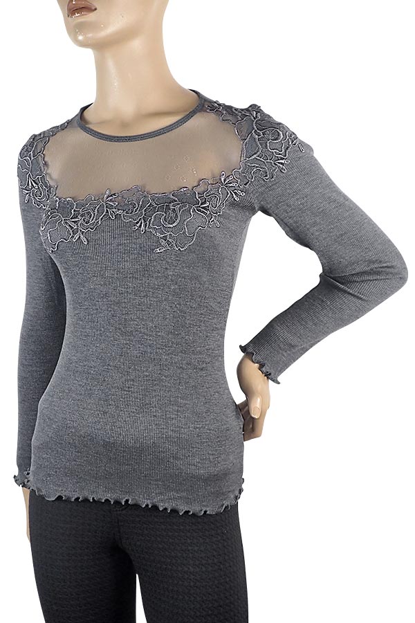 在庫一掃セール SALE 秋冬高級 イタリア ブランド ニット MORETTA 5736 レース切替ウール・シルクシームレスリブニット 2色