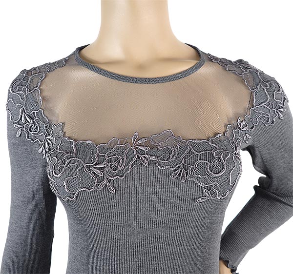 在庫一掃セール SALE 秋冬高級 イタリア ブランド ニット MORETTA 5736 レース切替ウール・シルクシームレスリブニット 2色