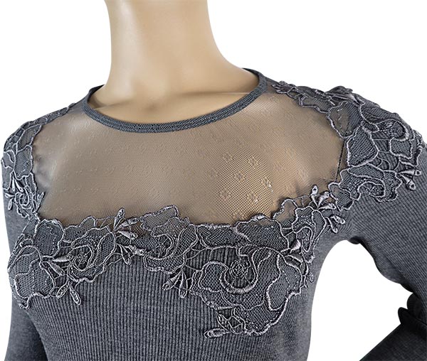 在庫一掃セール SALE 秋冬高級 イタリア ブランド ニット MORETTA 5736 レース切替ウール・シルクシームレスリブニット 2色