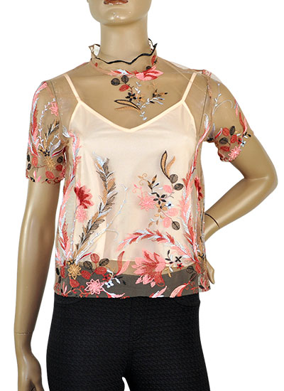 在庫一掃セール SALE 春夏 インポート カットソー IMPERIAL 刺繍カットソー　インナー付　ベージュ