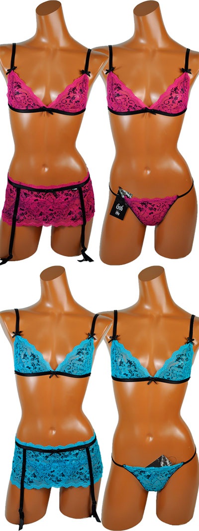 在庫一掃セール イタリア インポート ランジェリー DEMONIQ BRIGITTE レースランジェリー 3点セット ブルー ピンク