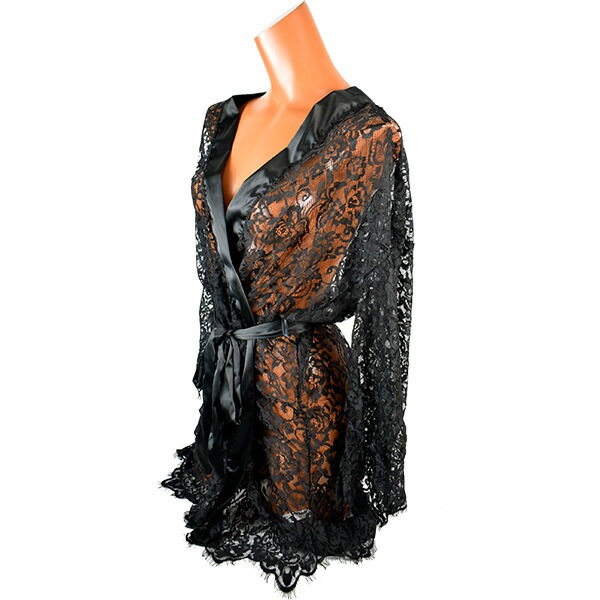 イタリアインポートランジェリー LOVE AND BRA 39950 サテン＆レース着物ガウン 黒