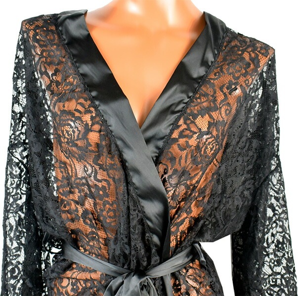 イタリアインポートランジェリー LOVE AND BRA 39950 サテン＆レース着物ガウン 黒