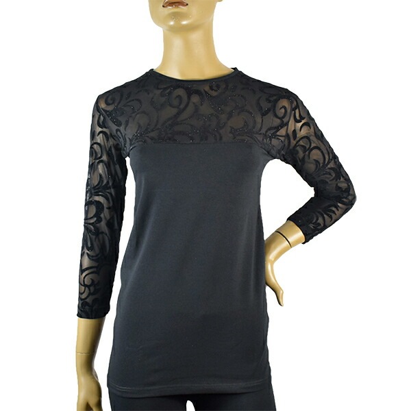 イタリアインポートカットソー JADEA 4308 ラメレース切替カットソー 黒