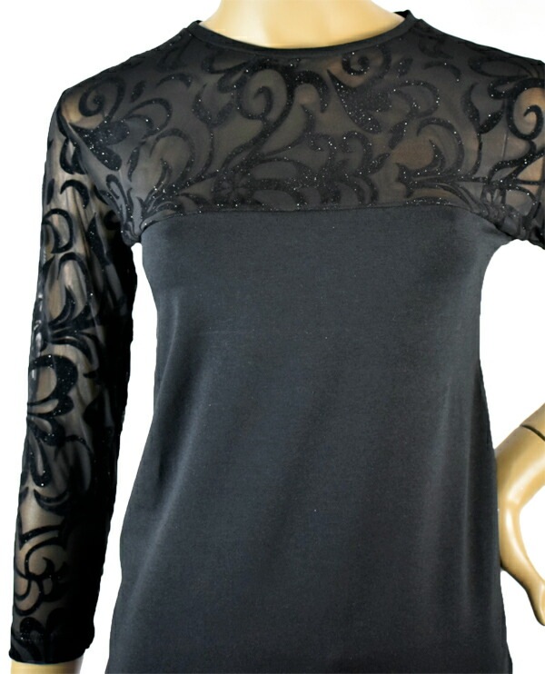 イタリアインポートカットソー JADEA 4308 ラメレース切替カットソー 黒