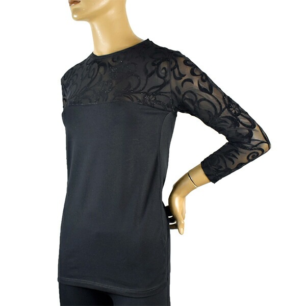 イタリアインポートカットソー JADEA 4308 ラメレース切替カットソー 黒