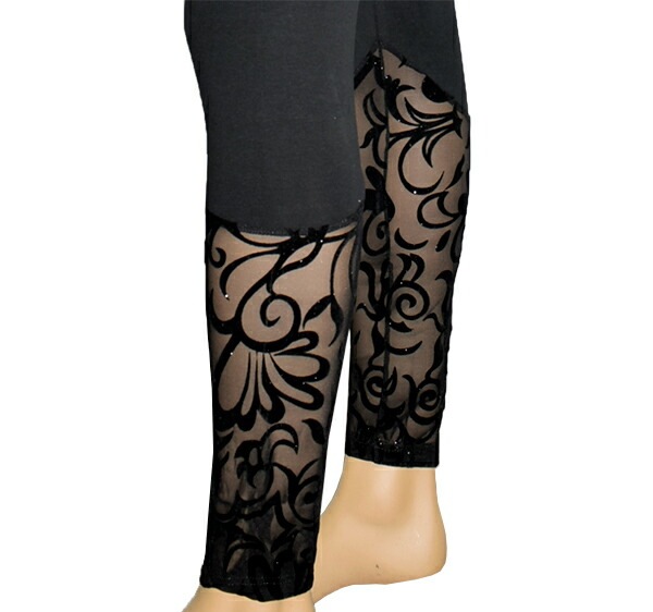 イタリアインポートレギンス JADEA 4309 ラメレース切替レギンス 黒