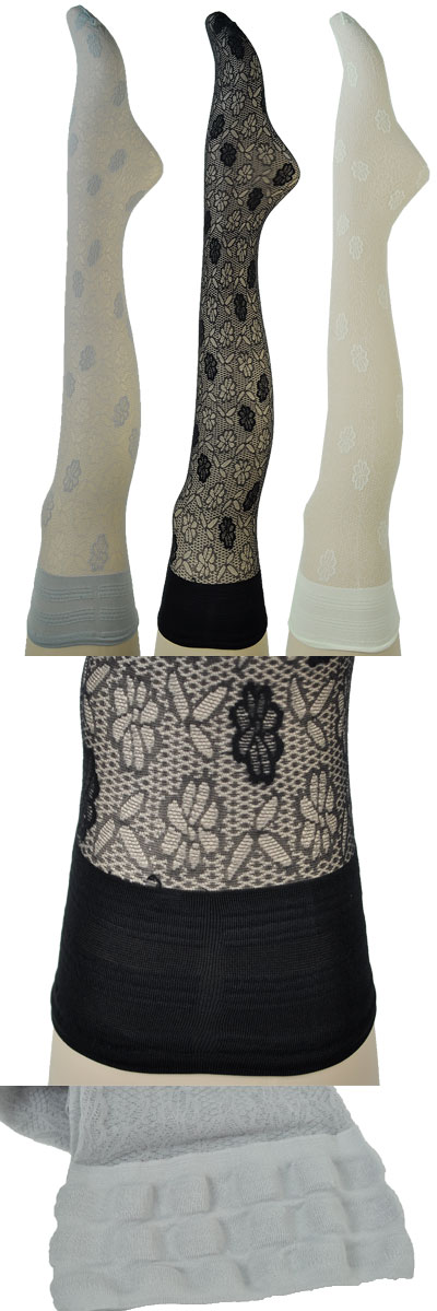 インポート ガーターストッキング GAETANO CAZZOLA ELENA 花柄ガーターストッキング 黒、グレー、アイボリー