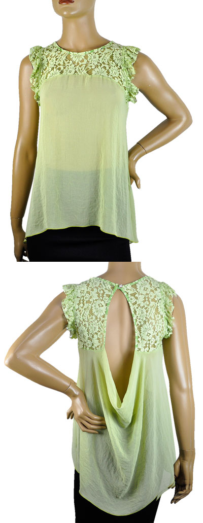 在庫一掃セール 春夏 インポート ブラウスIMPERIAL レース切替ノースリーブブラウス グリーン