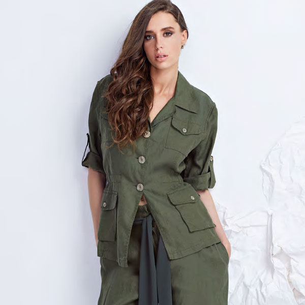 在庫一掃セール SALE 春夏 イタリア インポート ジャケット ELEONORA AMADEI リネン（麻）サファリジャケット ミリタリーグリーン