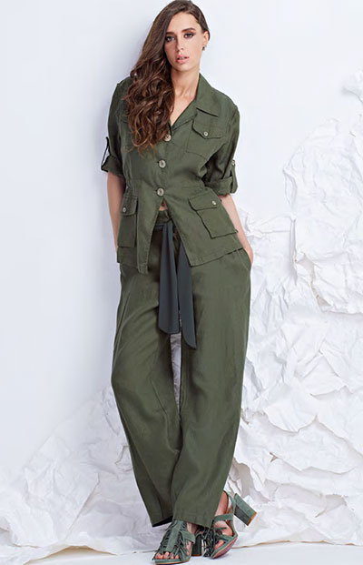 在庫一掃セール SALE 春夏 イタリア インポート ジャケット ELEONORA AMADEI リネン（麻）サファリジャケット ミリタリーグリーン