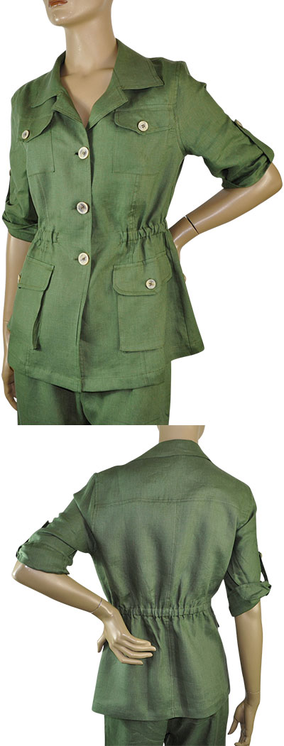 在庫一掃セール SALE 春夏 イタリア インポート ジャケット ELEONORA AMADEI リネン（麻）サファリジャケット ミリタリーグリーン