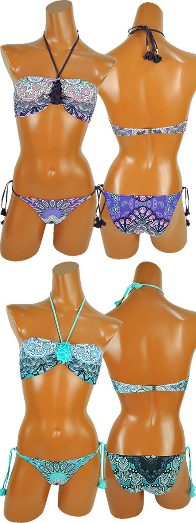 在庫一掃セール インポート水着 PRELUDE F1728 エスニック柄バンドゥ水着ビキニ ブルー パープル