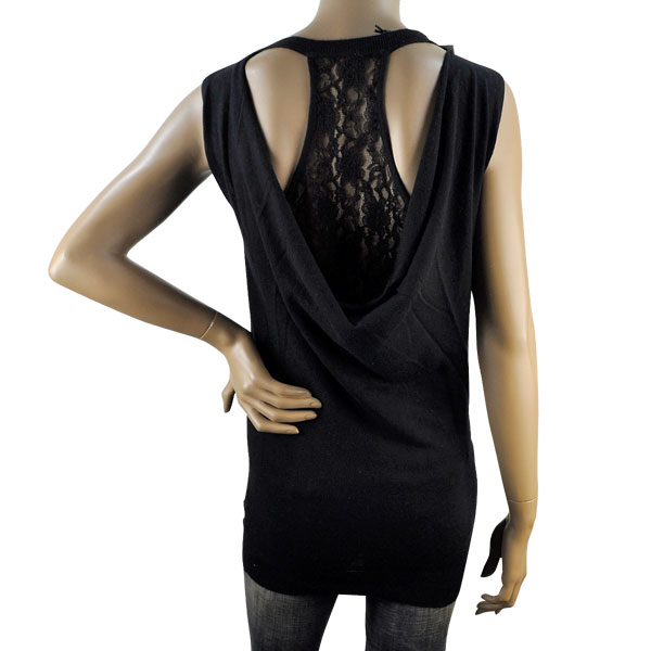 在庫一掃セール 春夏 イタリア インポート ニット ELEONORA AMADEI レース切替チュニックトップ 黒
