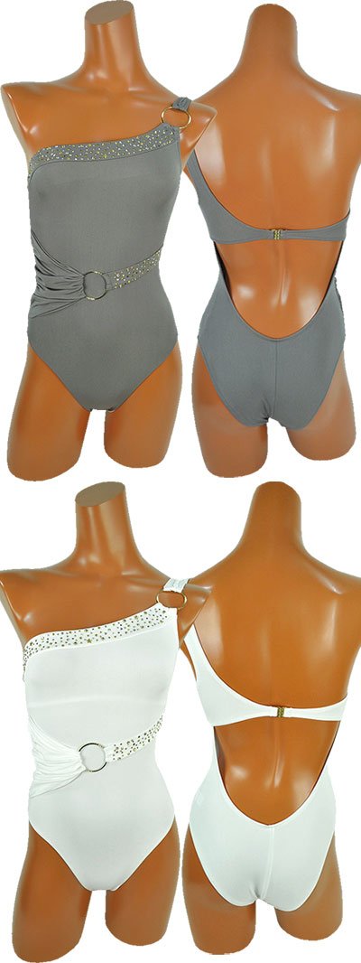 在庫一掃セール インポート水着 PRELUDE F1745 ワンショルダーモノキニ水着(水着ワンピース) ベージュ 白