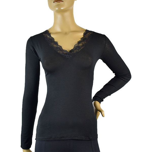 イタリア インポート ブランド カットソー JADEA 4529 カシミアブレンドVネックレース切替カットソー 黒