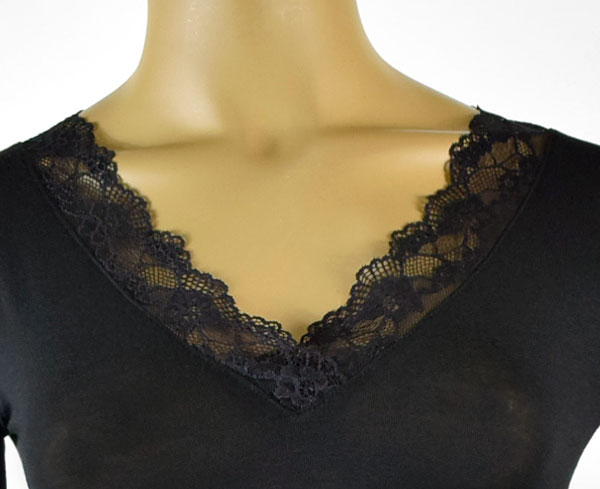 イタリア インポート ブランド カットソー JADEA 4529 カシミアブレンドVネックレース切替カットソー 黒