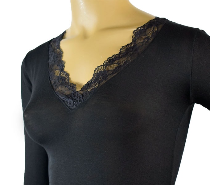 イタリア インポート ブランド カットソー JADEA 4529 カシミアブレンドVネックレース切替カットソー 黒