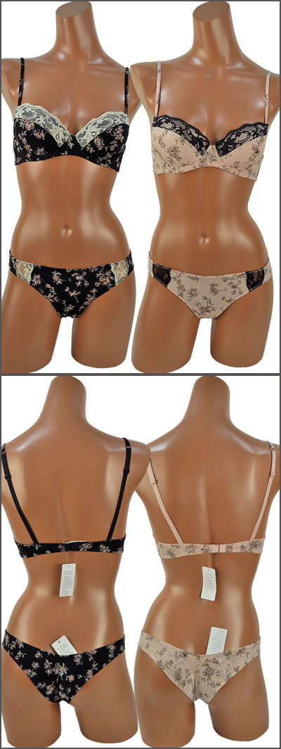 在庫一掃セール イタリア インポート ランジェリー SieLEI バラ柄モルドカップブラ・ブラジリアンタンガセット 黒、ローズ 