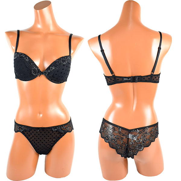 イタリア インポート ブランド ランジェリー JADEA 4573 ラメレース切替プッシュアップブラ・ブラジリアンタンガセット 黒