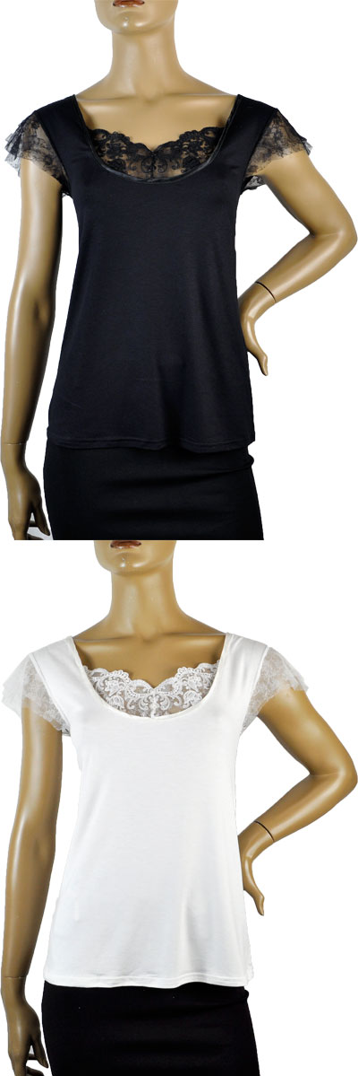 在庫一掃セール 春夏 インポート カットソー ANDRA 3711 レース切替カットソー 黒 白