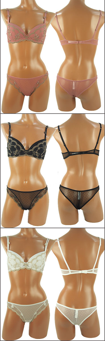 在庫一掃セール  イタリア インポート ランジェリー SieLEI アンティック刺繍モルドカップブラ・ブラジリアンタンガセット 3色